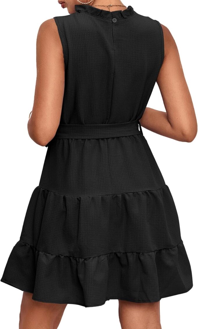 Umenlele Women's Ruched Trim Crewneck Sleeveless Tie Knot High Waist Ruffle Layered Short Dress – Bild 2