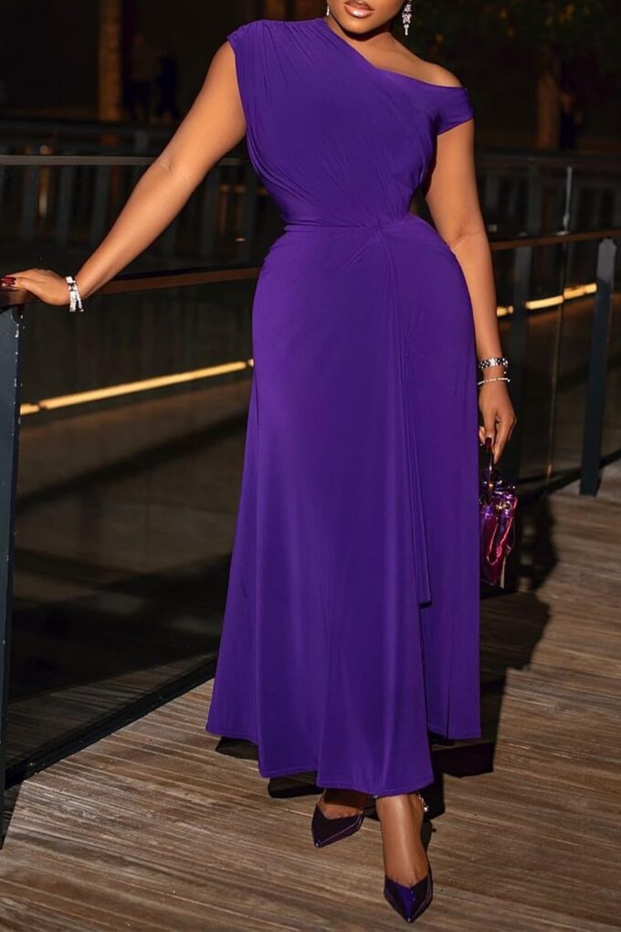 Womens One Shoulder Semi Formal Maxi Dresses Elegant Sleeveless Cocktail Party Long Wedding Guest Dress – Bild 4