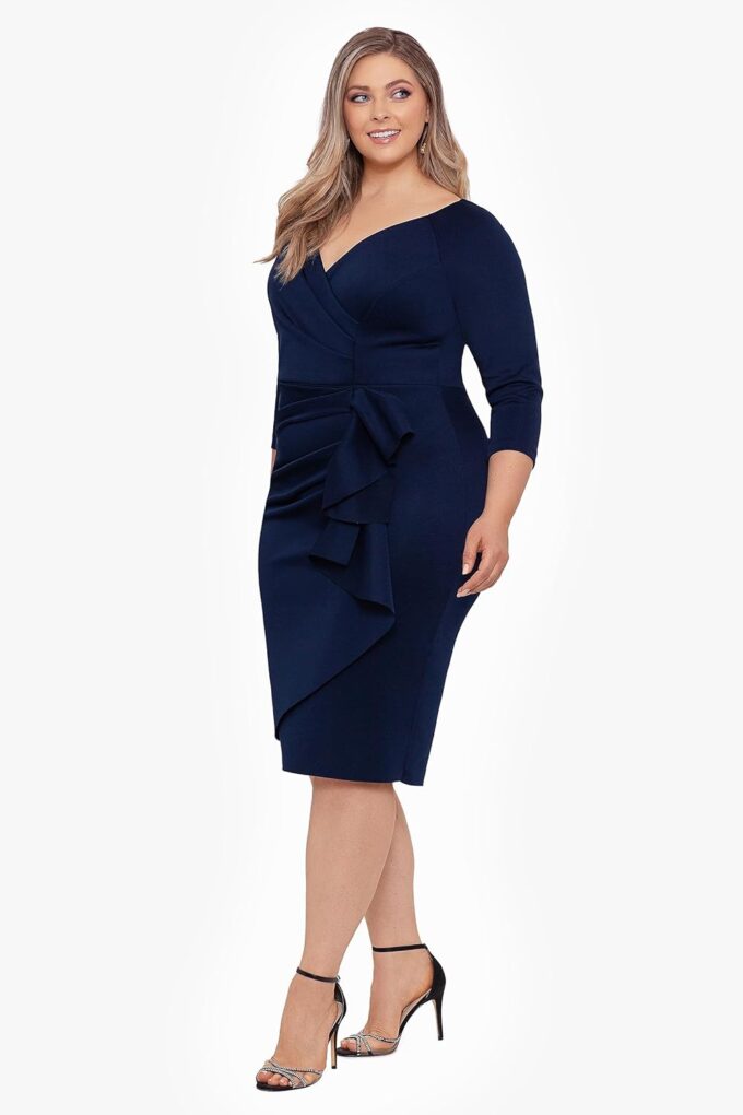 Xscape Women's Plus Size Midi V-Neck 3/4 Sleeve Side Ruched Dress – Bild 3
