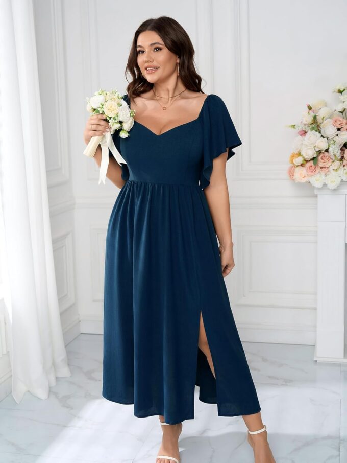 SCOMCHIC Women Plus Size Dresses Short Sleeve Sweetheart Neckline Wedding Guest Cocktail Smocked A Line Slit Maxi Dress – Bild 3