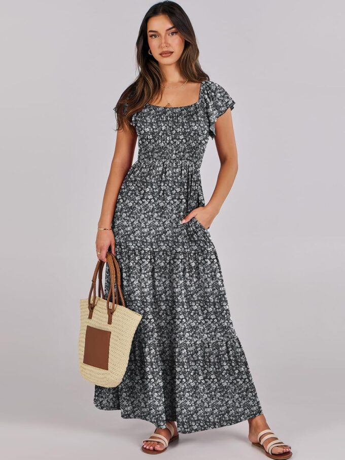 ANRABESS Women’s Casual Summer Maxi Dress Flutter Short Sleeve Scoop Neck Smocked A Line Flowy Beach Vacation Long Dresses – Bild 6