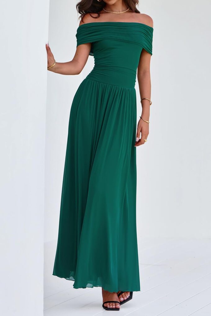 MASCOMODA Women Off The Shoulder Mesh Maxi Dress Bodycon Ruched Formal Sleeveless Pleated Cocktail Wedding Guest Long Dresses – Bild 6