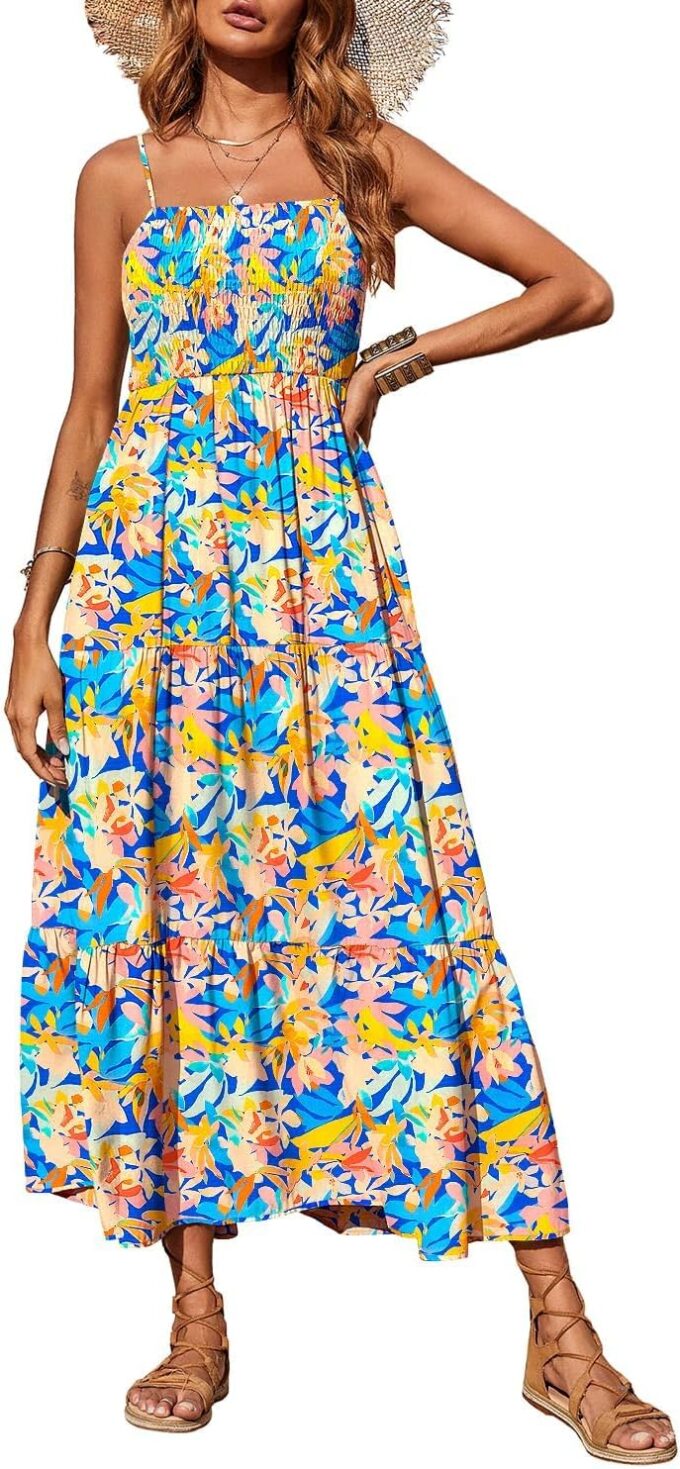 PRETTYGARDEN Women's Summer Maxi Dress 2025 Casual Boho Sleeveless Spaghetti Strap Smocked Tiered Long Beach Sundresses