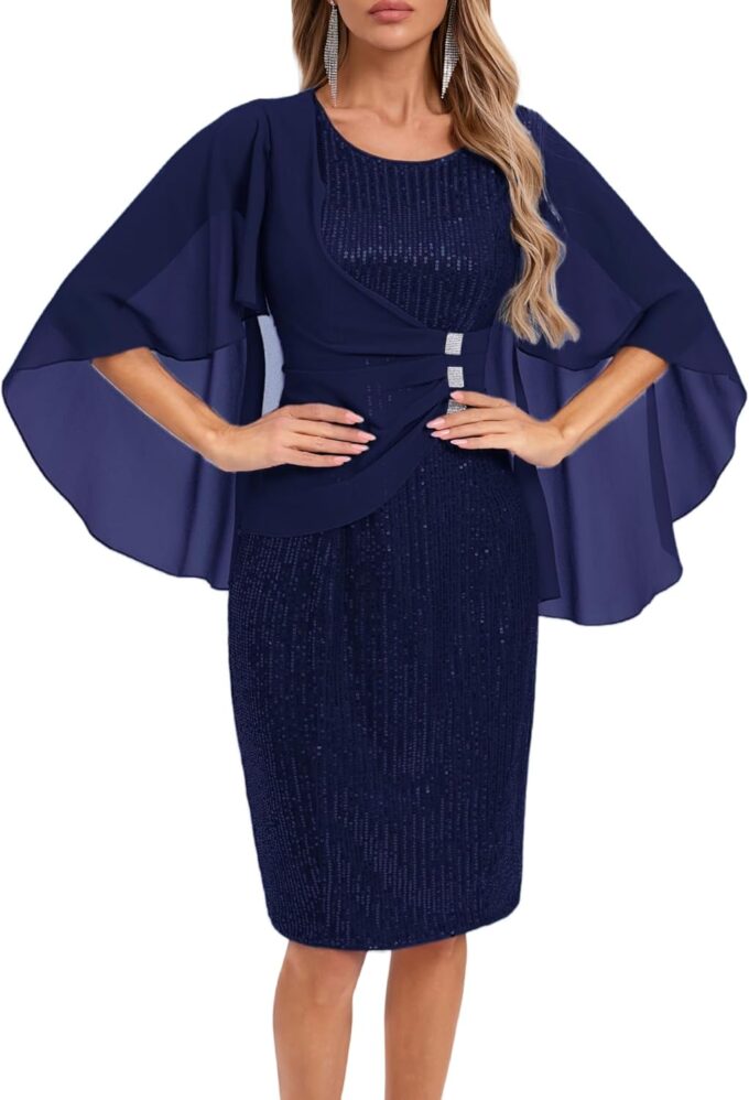Womens Sequin Cocktail Party Dress Elegance Chiffon Midi Dresses Cape Sleeve Bodycon Dress with Ruffle Asymmetrical Over – Bild 5