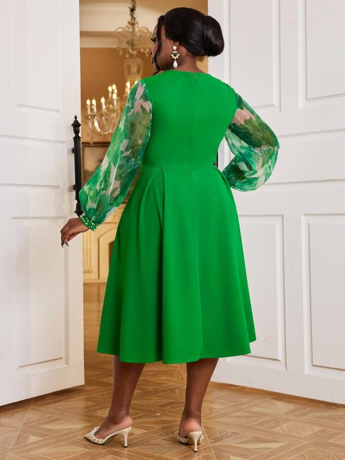 AOMEI Damen Elegant Grün A-Linie Kleid O Ausschnitt Perlen Gedruckt Lange Puffärmel Patchwork mit Gürtel Arbeit Büro Midi Kleider – Bild 2