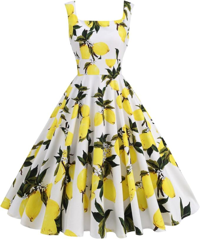 Women Vintage Floral Dress High Waist Cocktail Tea Party Wedding Prom Beach Dress