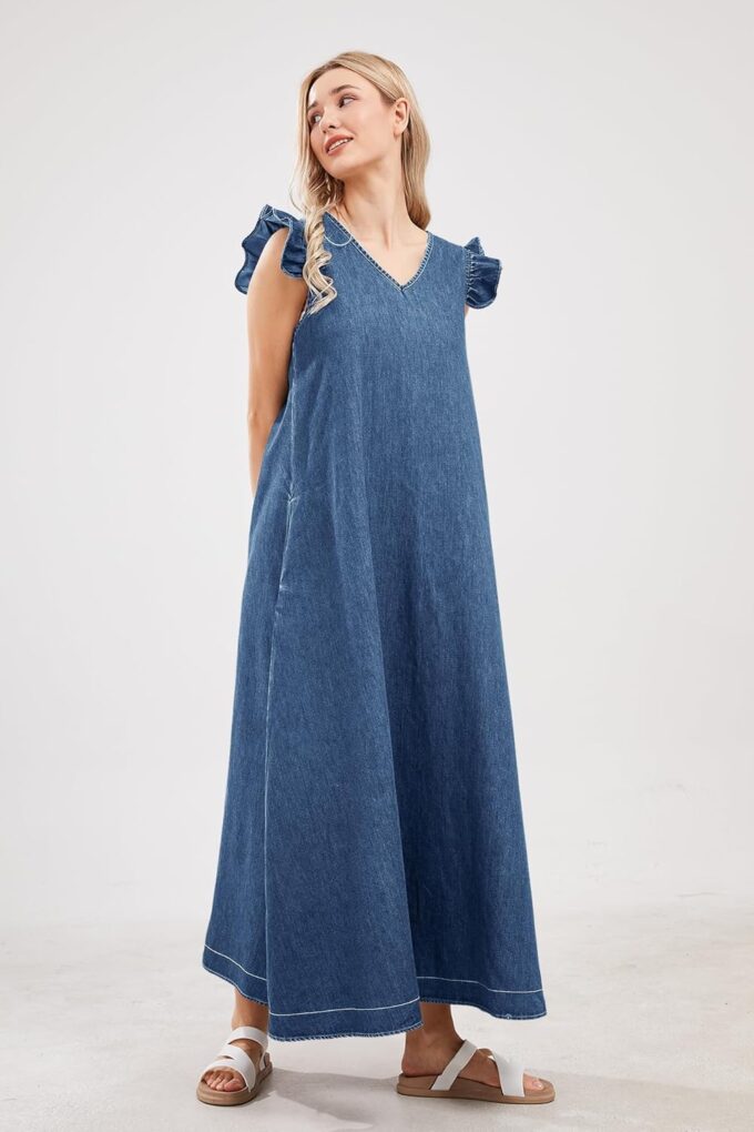 utcoco Womens Long Denim Dress Casual Loose Fit Ruffle Sleeveless V-Neck Jean Maxi Dresses for Women 2025 – Bild 3