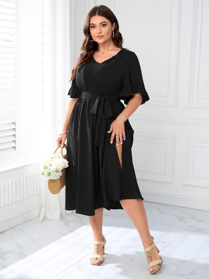SCOMCHIC Women's Plus Size Wedding Guest Dress Smocked V Neck Short Ruffle Sleeve Split Flowy Summer Cocktail Dresses – Bild 5