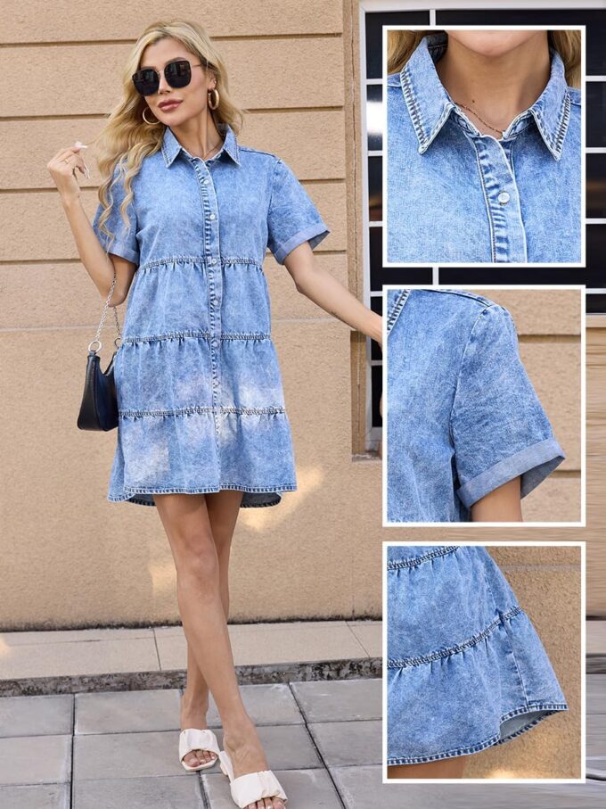 Denim Dress for Women Button Down Short Sleeves Casual Summer Jean Shirt Babydoll Denim Dress – Bild 6