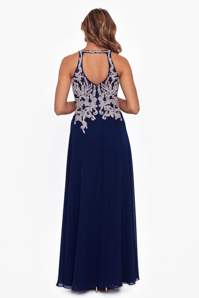 Betsy & Adam Women's Long Chiffon Beaded Halter Dress with Open Back – Bild 2