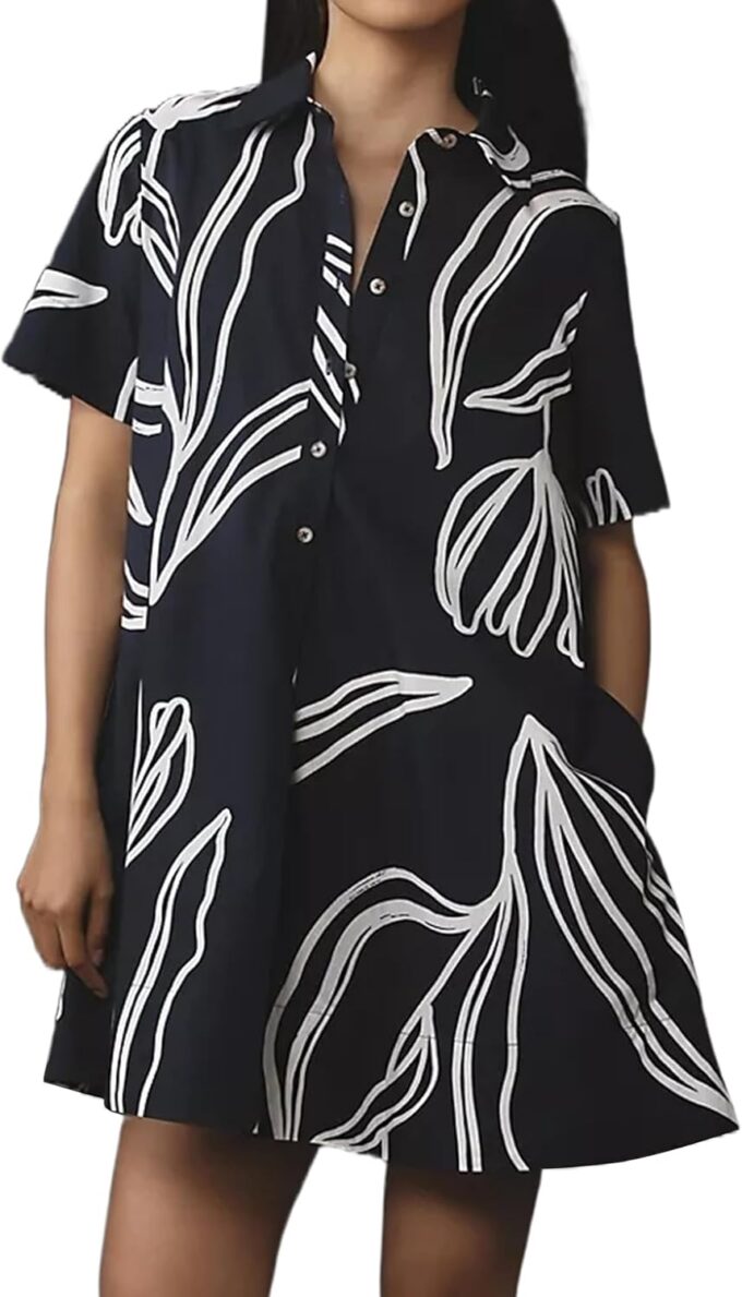 Short Sleeve Swing Tunic Mini Dress for Women Button Up Shirt Blouse Short Dress Summer Casual Flowy A Line Dress