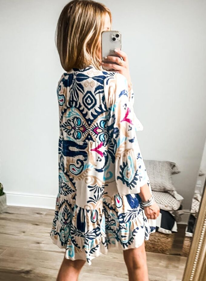 miduo Womens Summer Dress Casual V Neck Buttoned 3/4 Sleeve Bohemian Tribal Print Flowy Mini Dresses – Bild 3