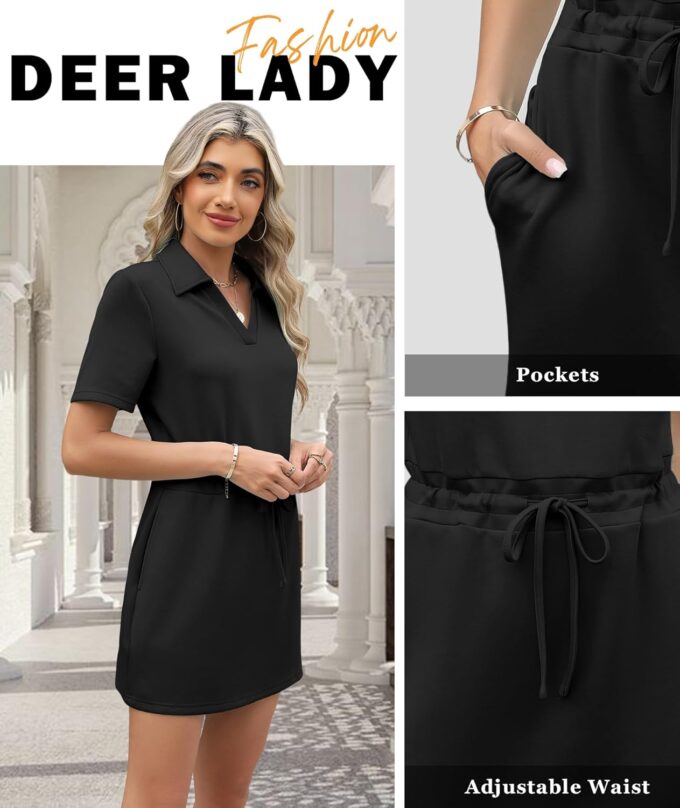 Deer Lady 2025 Casual Summer T Shirt Dress for Women Drawstring Short Sleeve V Neck Mini Shift Dresses with Pockets – Bild 6