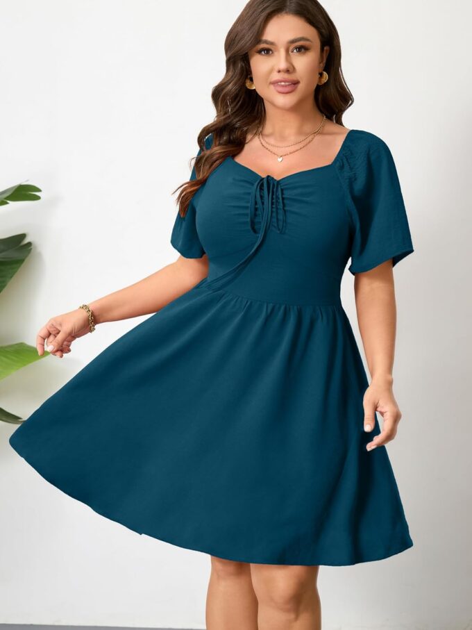 RWJ Women Plus Size Summer Dress Short Sleeve Tie Front Sweetheart Neck Wrap A-Line Casual Mini Wedding Guest Dresses 2025 – Bild 2