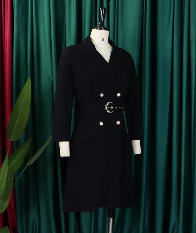 SOMTHRON Damen Revers Zweireihiges Blazerkleid V-Ausschnitt 3/4 Ärmel Plissee Business Midikleid mit Gürtel – Bild 4