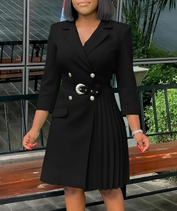 SOMTHRON Damen Revers Zweireihiges Blazerkleid V-Ausschnitt 3/4 Ärmel Plissee Business Midikleid mit Gürtel – Bild 2