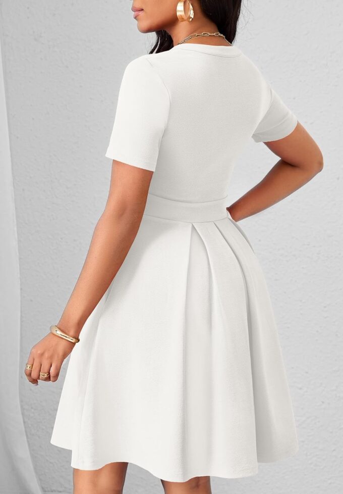 MarryUP Damen-Kleid, kurzärmelig, V-Ausschnitt, lässig, semi-formell, A-Linie, Arbeitskleid, Hochzeitsgäste, Cocktailkleider mit Taschen – Bild 2