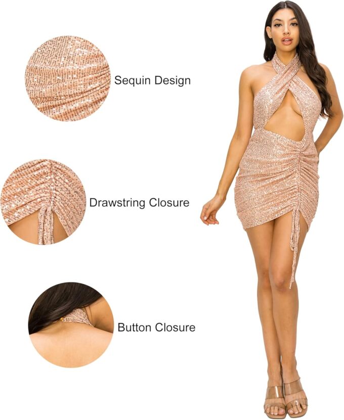 Women's Sexy Ruffled Bodycon Criss Cross Halter Sequin Glitter Backless Mini Nightclub Disco Club Party Dress – Bild 4