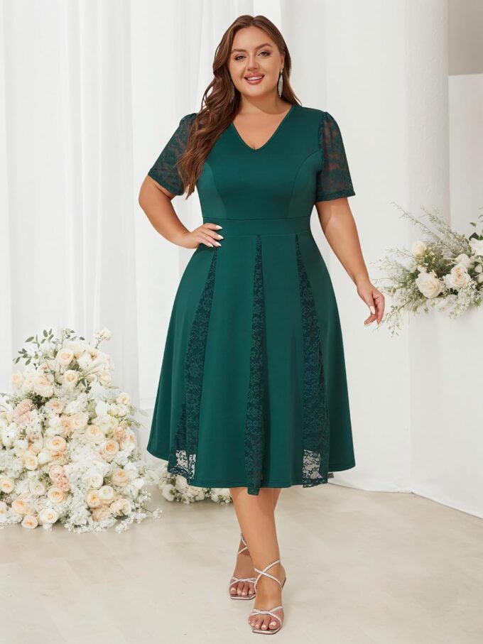 ZNU Women’s Plus Size Wedding Guests Dresses for Formal Lace Short Sleeve V-Neck Cocktail Evening Party Dress Midi Dress – Bild 2