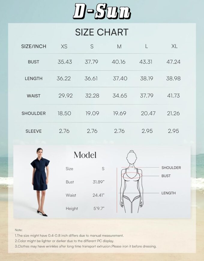 D-Sun Women Casual Button Down Shirt Dress V-Neck Short Sleeves Mini Shirt Dress Belted Short Party with Pockets – Bild 7