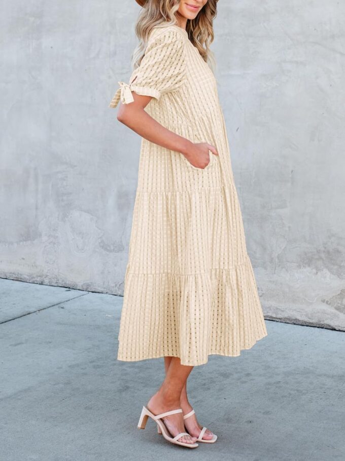 Theenkoln Womens Casual Midi Dress: Short Sleeve V-Neck Empire Waist Gingham Spring Fashion Long Trendy Tiered Formal Dresses – Bild 4