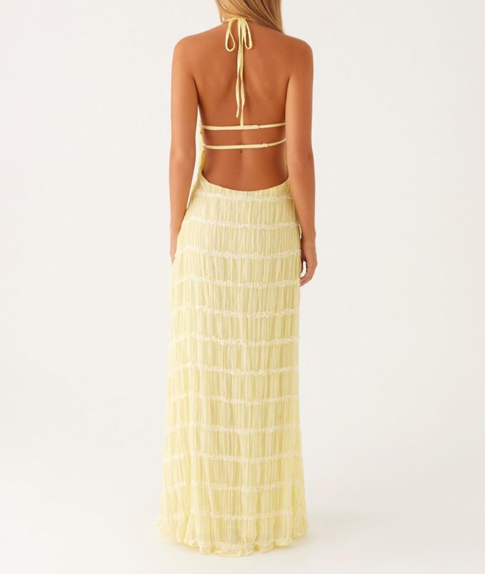 SOLILOQUY Women Y2K Halter Neck Maxi Dress Backless Tie Up Pleated Bodycon Long Dress Smocked Tiered Flowy Dresses Party Club – Bild 4