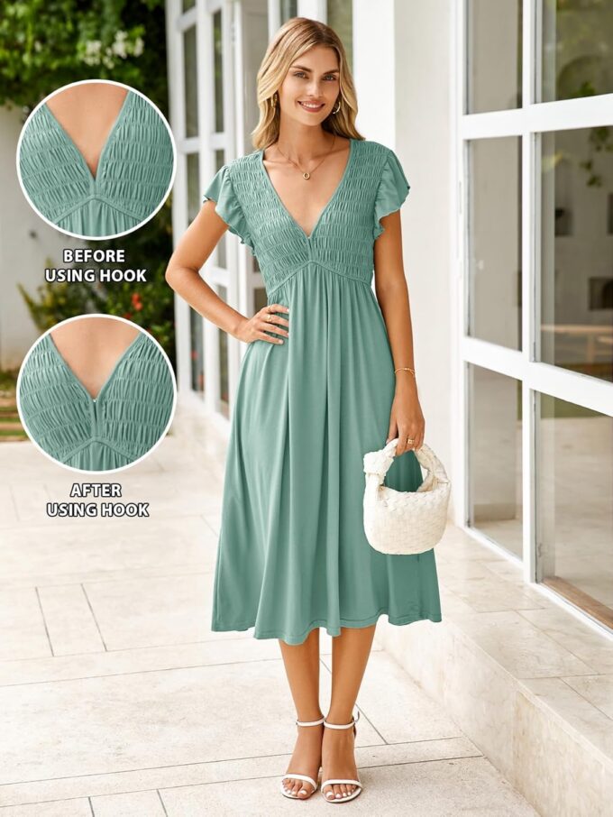 BerryGo Womens Summer Casual Midi Dress V Neck Flutter Short Sleeve Smocked A Line Flowy Graduation Spring Dress 2025 – Bild 2