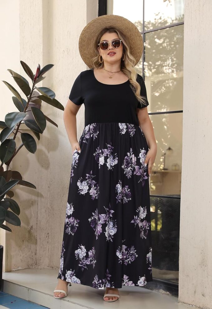 Nemidor Plus Size Maxi Dresses for Curvy Women Casual Summer Short Sleeve Chevron Print Long Dress with Pocket 14-26 – Bild 5