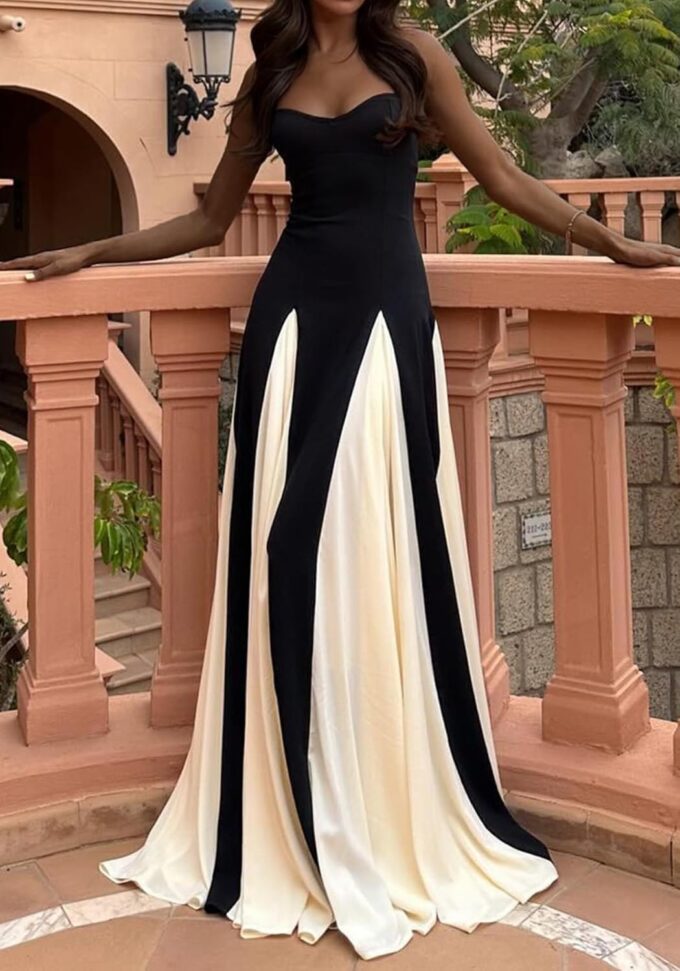 Unybwonn Wedding Guest Dresses for Women Elegant Patchwork Pleated Swing Long Dress Color Block Formal Flowy Maxi Dress – Bild 6