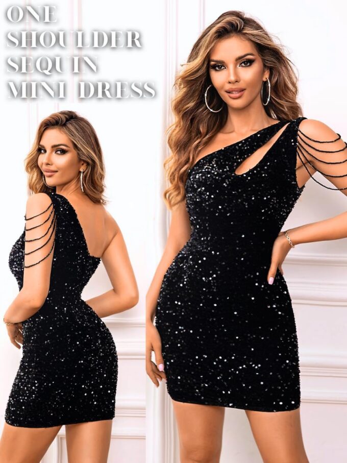 Kaei&Shi Sequin Velvet Prom Dress,Cut Out One Shoulder Short Formal Dresses,Sparkly Outfits Women HOCO Birthday Cocktail – Bild 2