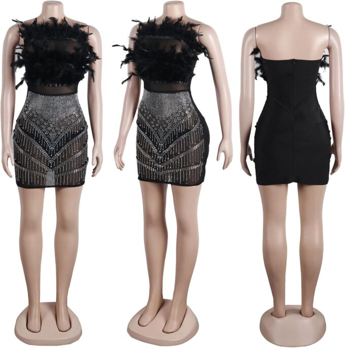 Yuopeid Women's Sexy Mesh Rhinestone Bodycon Mini Dresses Sleeveless Fashion Feather Birthday Party Cocktail Dress – Bild 6