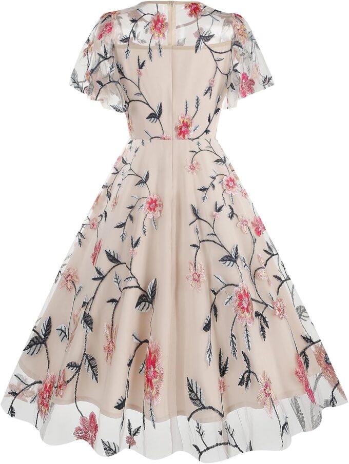 1950s Dresses for Women Vintage Floral Embroidery Mesh Dress Illusion Round Neck Short Sleeve – Bild 3