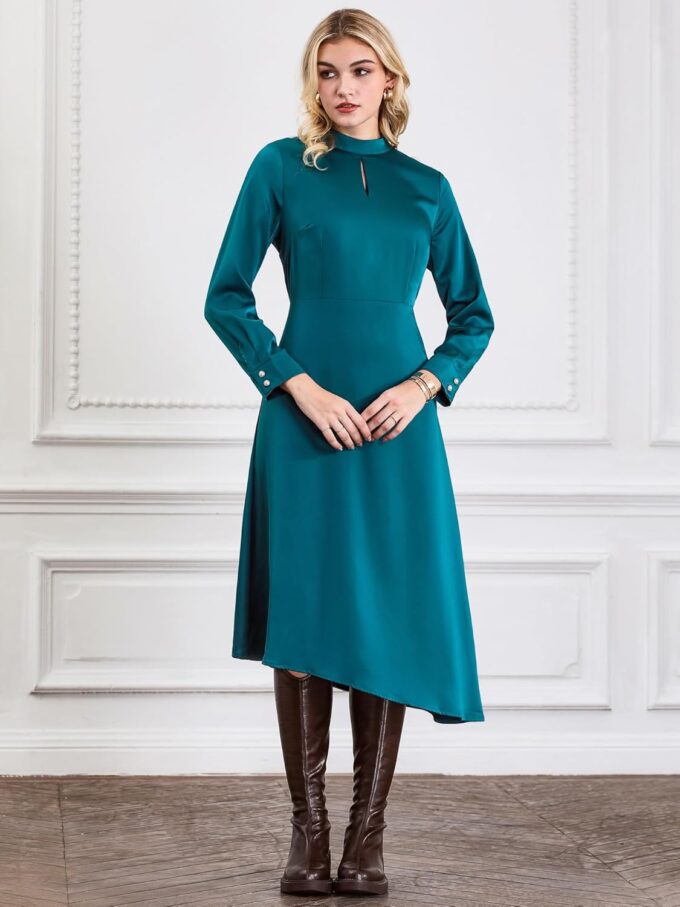 Hobemty Damenkleid aus Satin, elegant, langärmelig, Stehkragen, Keyhold A-Linie Kleid – Bild 3