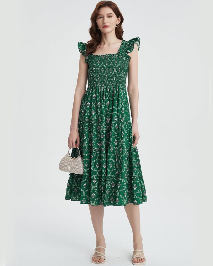 Women's Floral Smocked Midi Dress Square Neck Ruffle Strap Sleeveless Flowy A-Line Long Beach Sundress – Bild 2