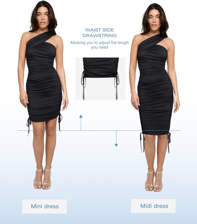 Popilush Shapewear Dress One Shoulder Ruched Dress with Drawstring for Women Summer Dress BlueTag Collection – Bild 5