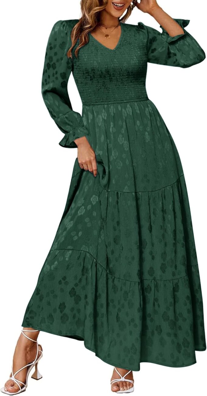 Simplee Womens Long Sleeve Smocked Maxi Dress Tiered V Neck Flowy Fall Wedding Guest Long Dresses with Pockets
