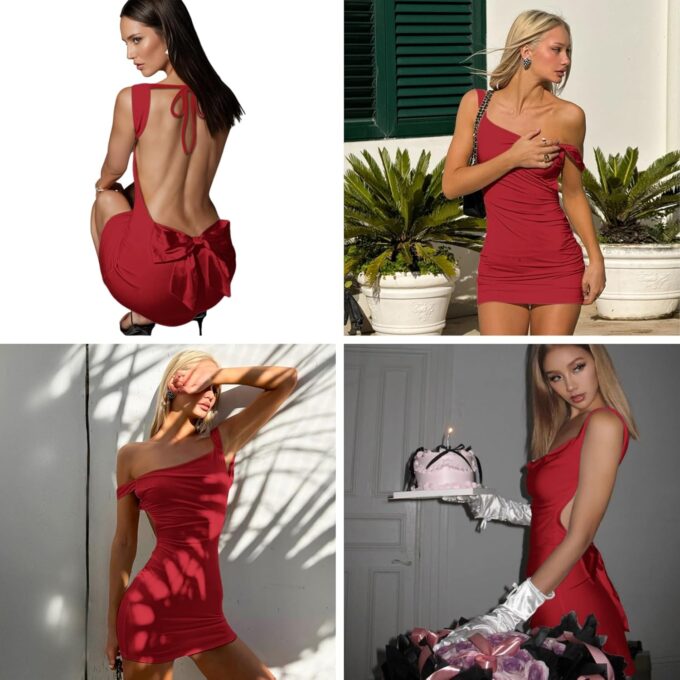 RARITYUS Women’s Elegant Satin Bow Mini Dress Sexy Cowl Neck Backless Wedding Guest Dress Cocktail Party Prom Dresses – Bild 7