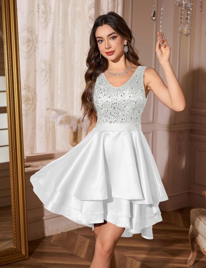 Meetjen Women's Sequin Prom Dresses Cocktail Party Sparkly Short V Neck A-line High Low Satin Formal Dress for Wedding – Bild 2