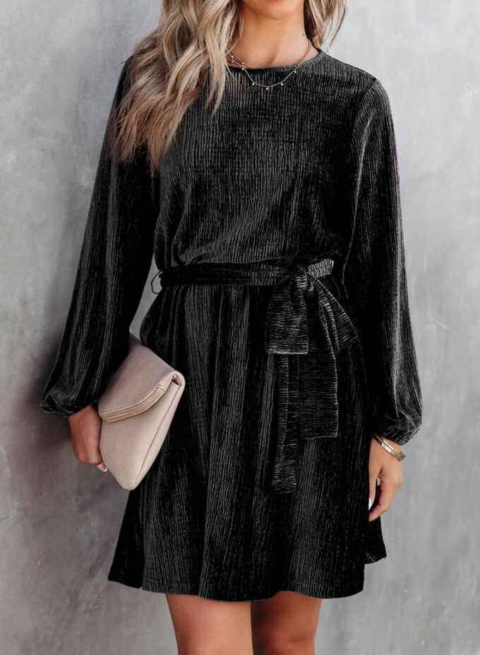Happy Sailed Women's Velvet Dress Fall Fashion Lantern Sleeve High Waist A-Line Skater Cocktail Party Dresses with Belt – Bild 7