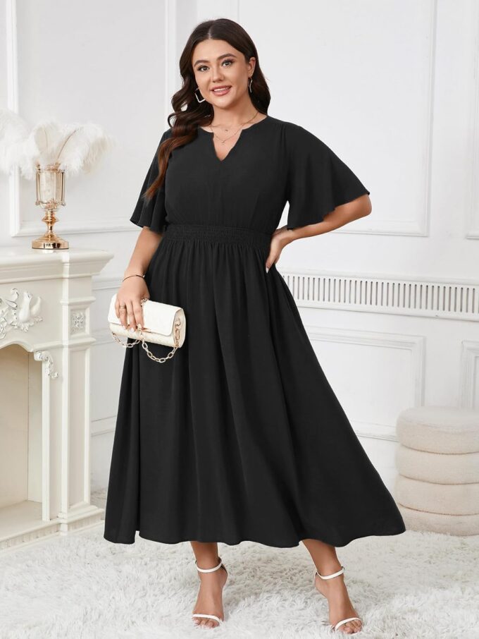 Women's Plus Size Dress for Women Wedding Guest Cocktail Smocked Ruffle Short Sleeve V Neck Flowy Maxi Dresses – Bild 2