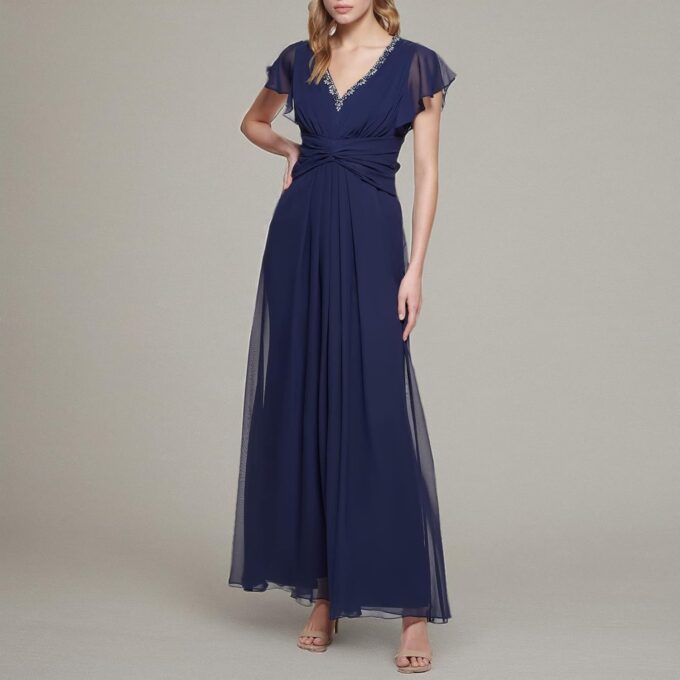 Eliza J Women's Gown Style Twist Waist Chiffon Flutter Sleeve Beaded Vneck Dress – Bild 5