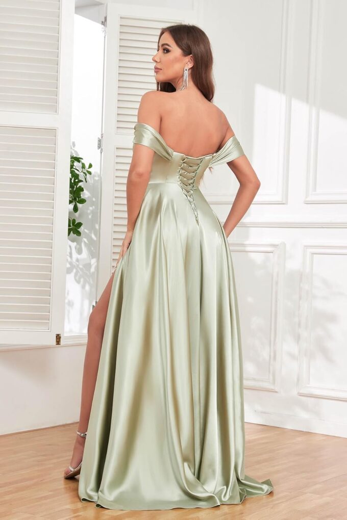 SOLODISH Off The Shoulder Satin Prom Dresses for Women Long Formal Evening Party Dress with Slit – Bild 5