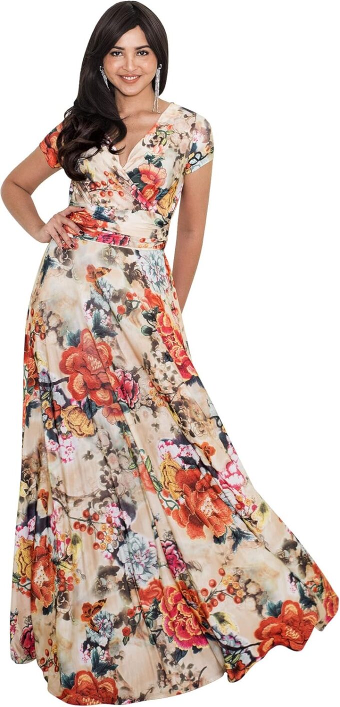 KOH KOH Womens 2025 Long Maxi Summer Floral Print Short Sleeve Flowy Modest Maxi Dress Gown