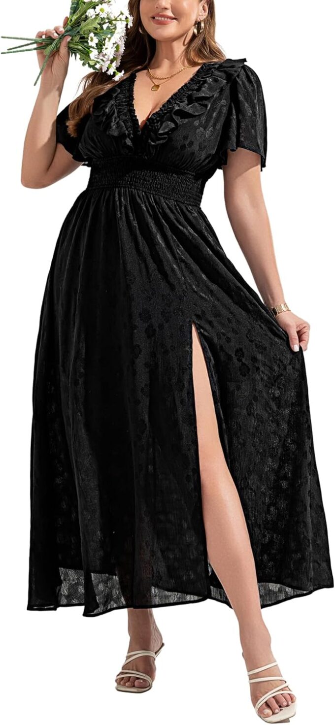 Womens Chiffon Summer Maxi Dress 2025 Boho V Neck Empire Waist Long Flowy Dresses for Wedding Guest