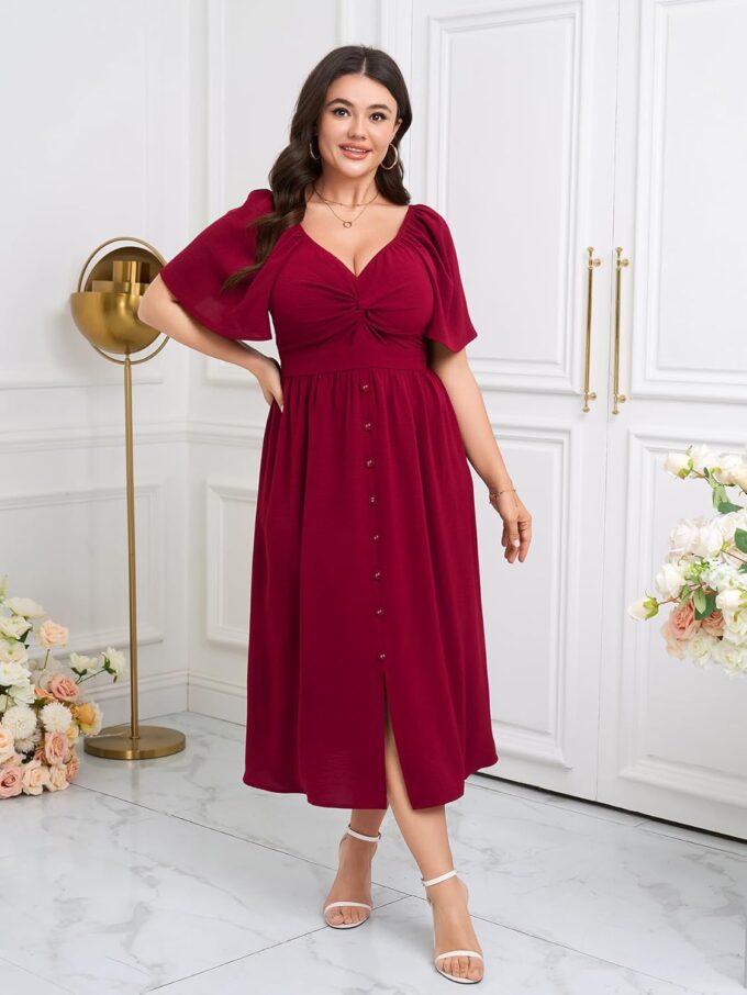 SCOMCHIC Women Plus Size Dresses Short Sleeve Sweetheart Neckline Wedding Guest Cocktail Twist Front A Line Maxi Dress – Bild 7