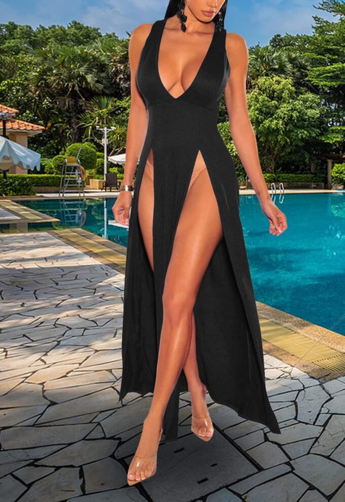 Women's Sexy V Neck Sleeveless High Split Club Party Maxi Dresses – Bild 5