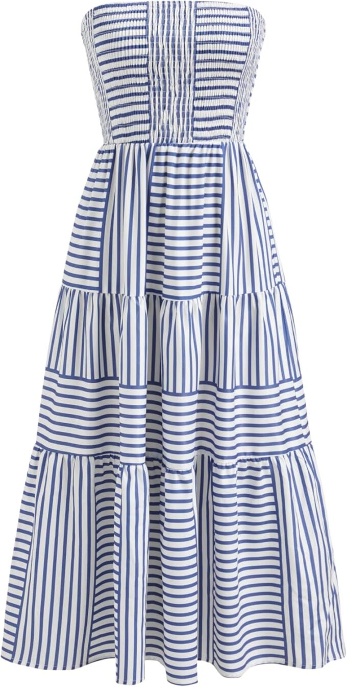 CIDER Women's Strapless Dress Tube Striped Long Midi Dresses A Line Shirred Beach Vacation Casual Summer Outfits