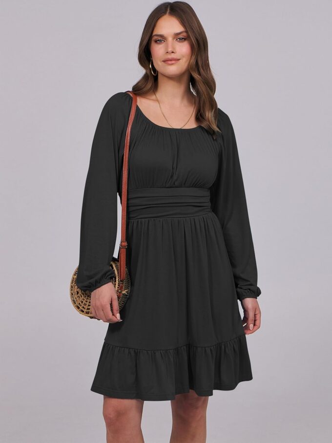 ANRABESS Womens Dress Long Lantern Sleeve Square Neck Elastic Waist Ruffle Flowy Swing A-Line Short Dresses 2025 Fall Fashion – Bild 3