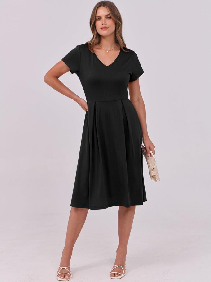 ANRABESS Women Summer Dress Casual Short Sleeve V Neck A-Line Knee Length Pleated Flowy 2025 Fashion Midi Dresses with Pocket – Bild 3