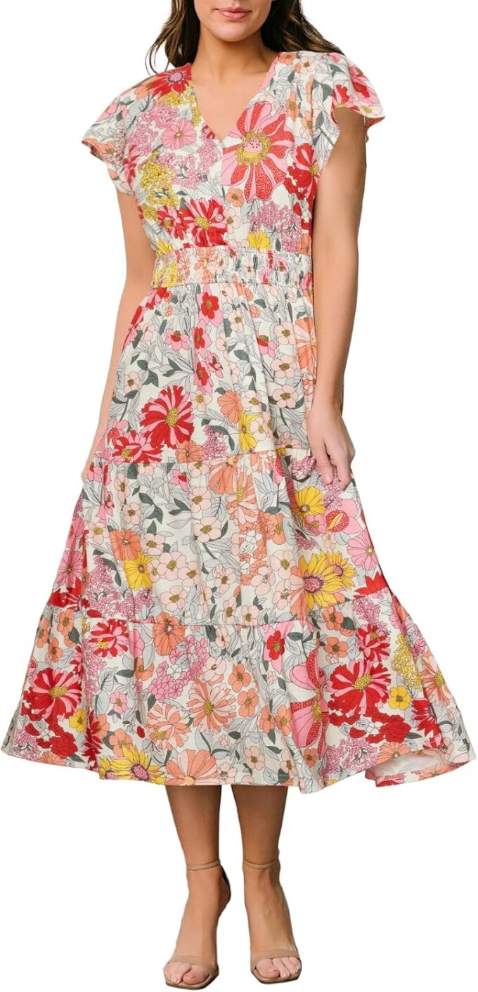 BerryGo Women's Floral Boho Ruffle Summer Midi Dress Short Sleeve V Neck Empire Waist Swing Flowy Dress – Bild 9